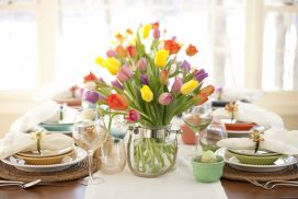 Easter Elegant Place Setting Dining Table with Vase of Tulips