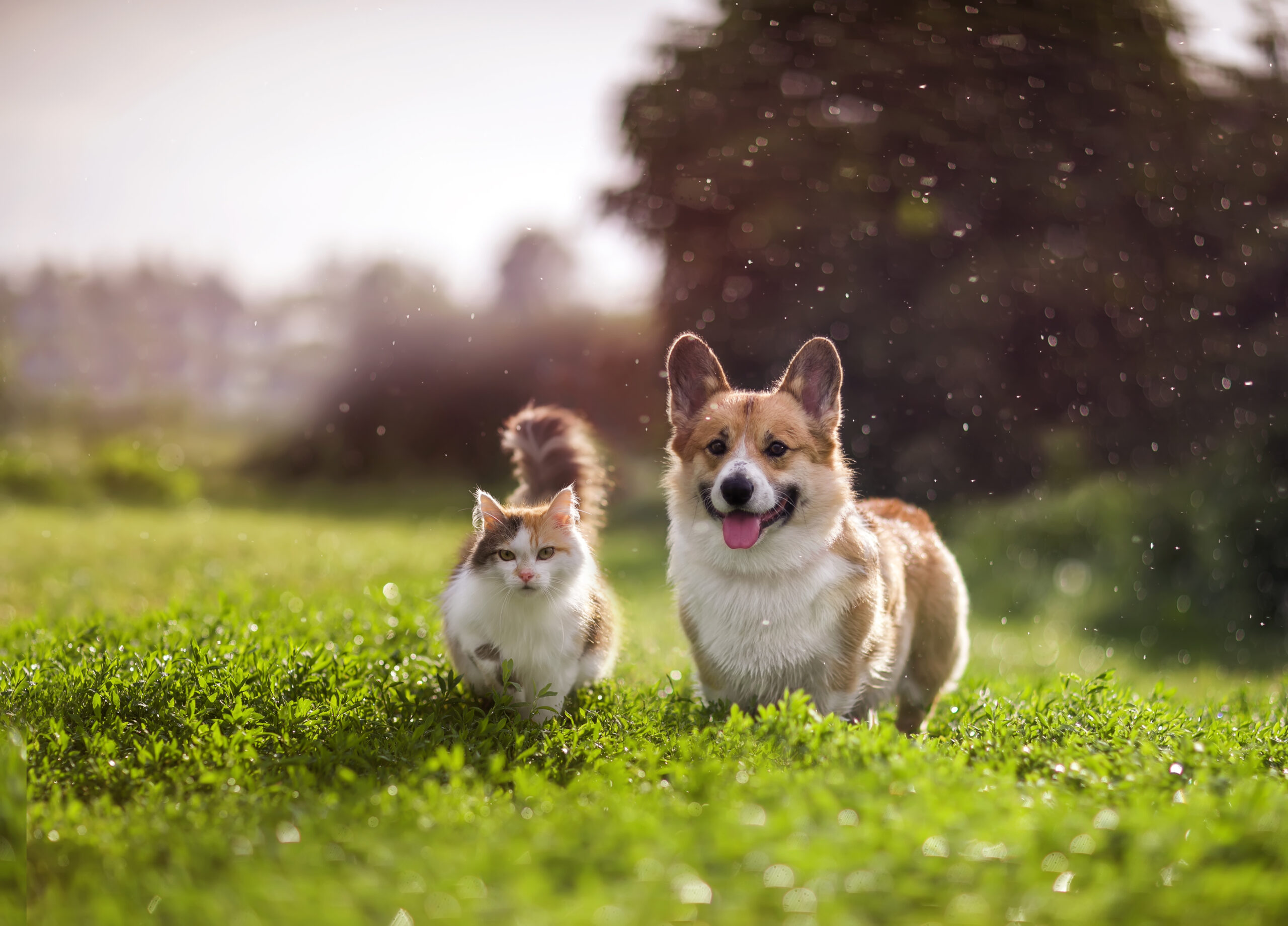 furry friends red cat and corgi dog walking in a summer meadow under the drops of warm rain