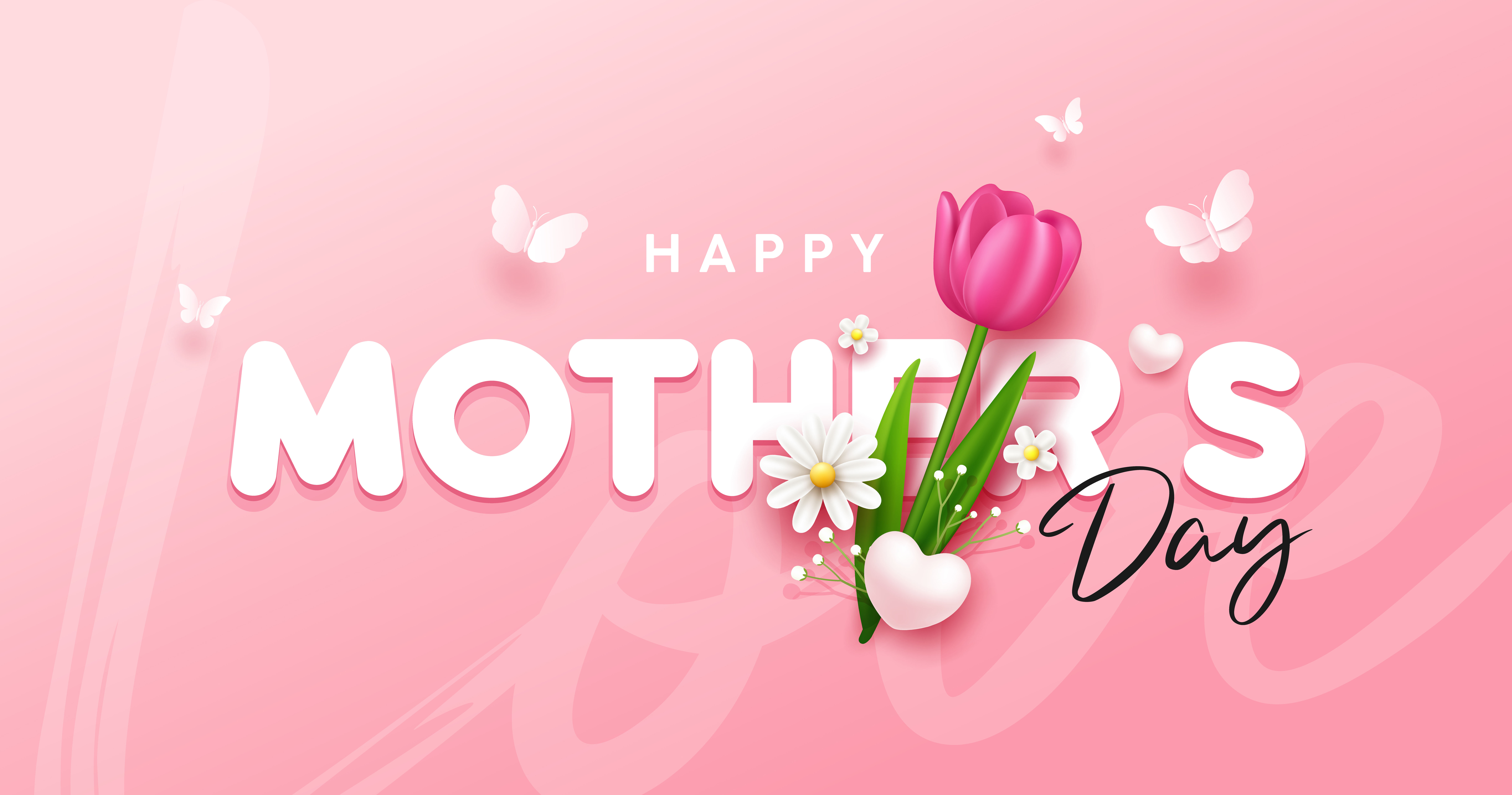 Happy Mother’s day with tulip flowers and butterfly banner design Happy Mother's day with tulip flowers and butterfly banner design on pink background, EPS10 Vector illustration.