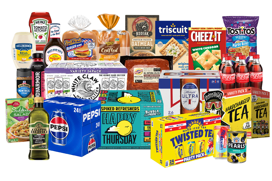 A collection of items participating in the summer sales event at Price Chopper and Market 32. This includes Pepsi products, Twisted Tea, Trisuits, Cheezits and more
