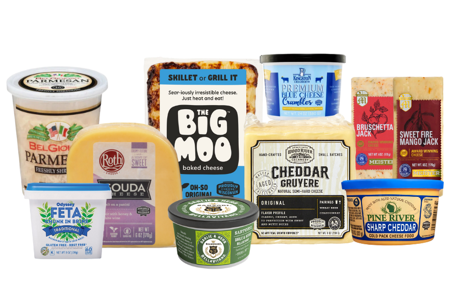 A selection of Wisconsin Dairy Cheeses sitting on a white background