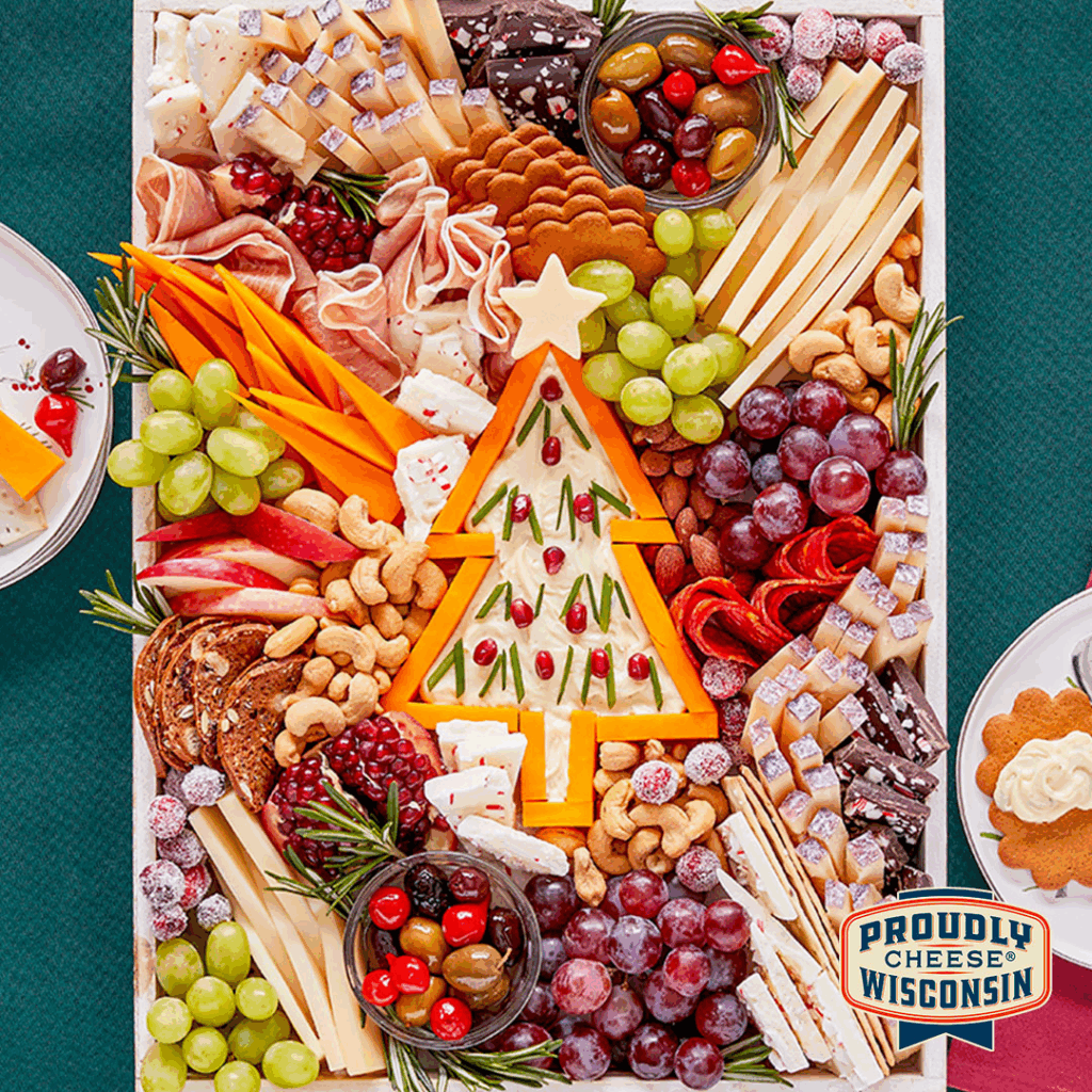 A Charcuterie Board made with Wisconsin Cheeses, made into a christmas tree
