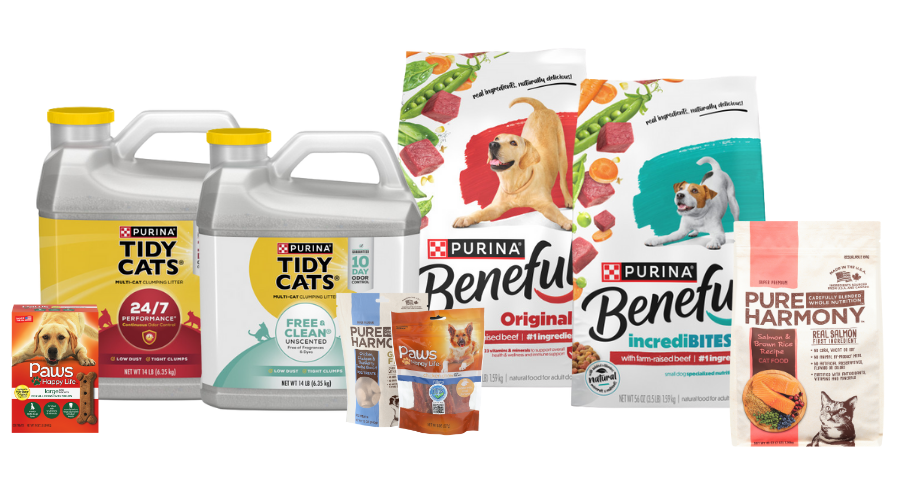 Trendy pet care products sitting on a white background. This includes Tidy Cats Litter, Purina Beneful and more.