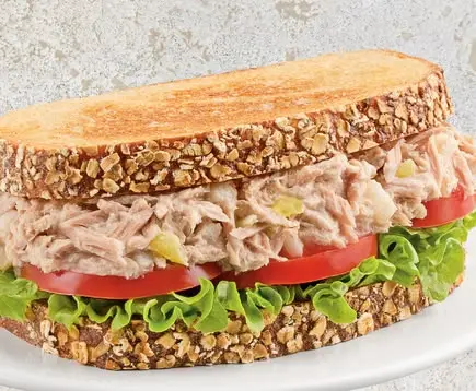 A Starkist Tuna Sandwich sitting on a white plate