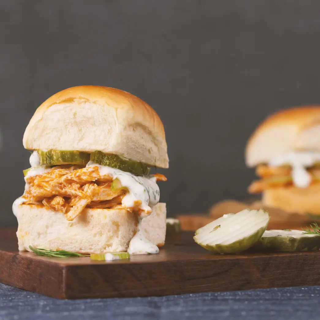 Slow Cooker Buffalo Chicken Sliders with Dilly Ranch with Grillo's Pickles